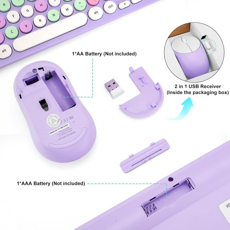 GUKJOB Wireless Keyboard and Mouse Combo, Retro Typewriter Keyboard with Round Keycaps, 2.4GHz USB Cute Wireless Keyboard Mouse for Computer, Desktop, Laptop (Purple Colorful) - Image 5